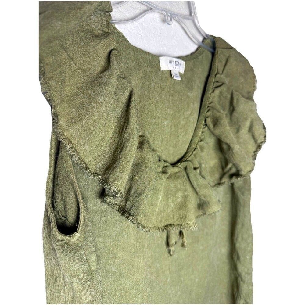 Umgee Boho Cottagecore Ruffle Blouse Olive Green Linen Look Sleeveless M Tank To - Picture 3 of 7